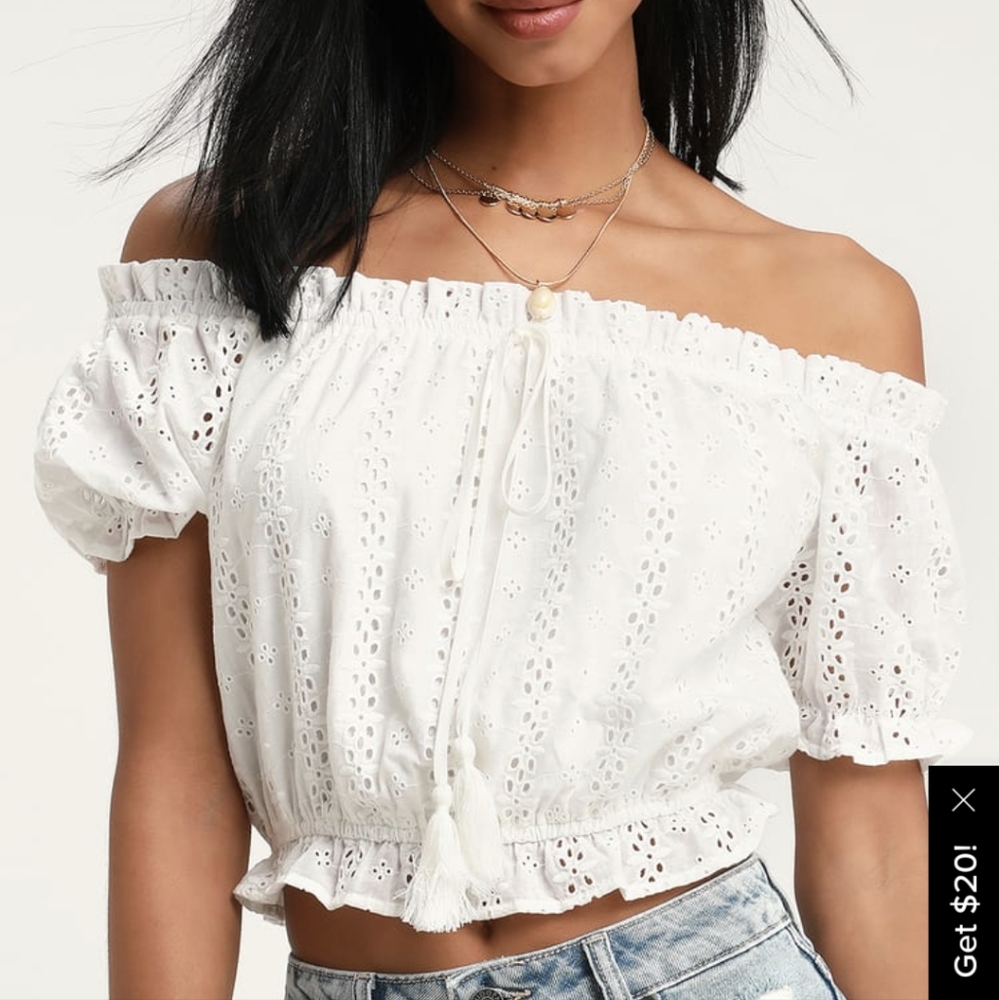 Eyelet ruffle off shoulder crop top